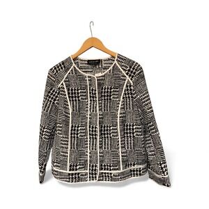 JONES NEW YORK COLLECTION Women Black White Houndstooth Collarless‎ Jacket Sz 12